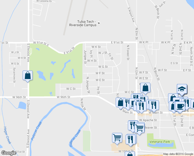 map of restaurants, bars, coffee shops, grocery stores, and more near 605 Ivy Street in Jenks