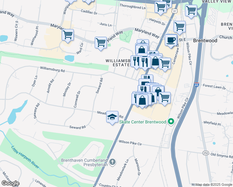 map of restaurants, bars, coffee shops, grocery stores, and more near 310 Robinhood Road in Brentwood
