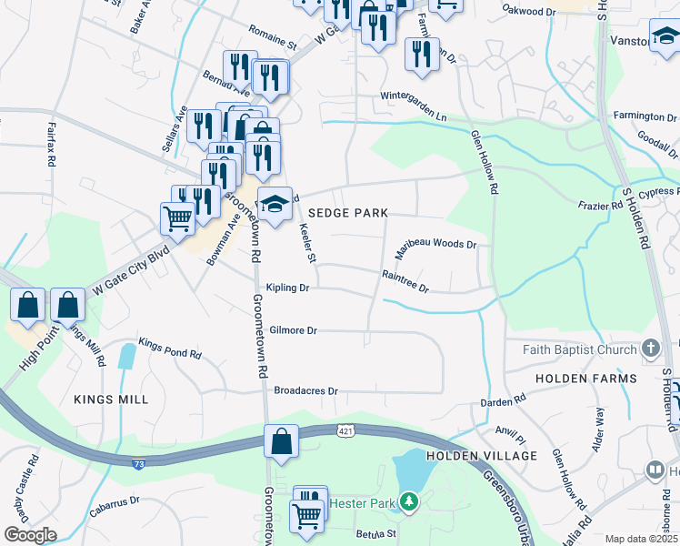 map of restaurants, bars, coffee shops, grocery stores, and more near 3911 Raintree Drive in Greensboro