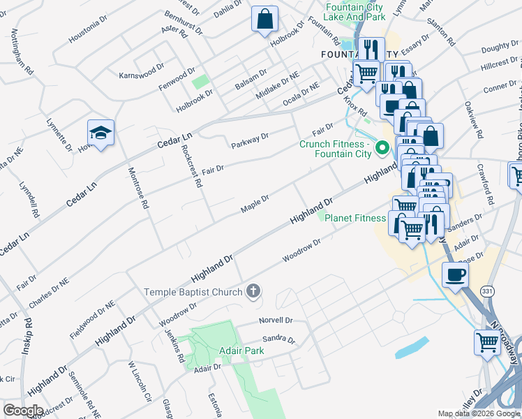 map of restaurants, bars, coffee shops, grocery stores, and more near 2210 Maple Drive in Knoxville