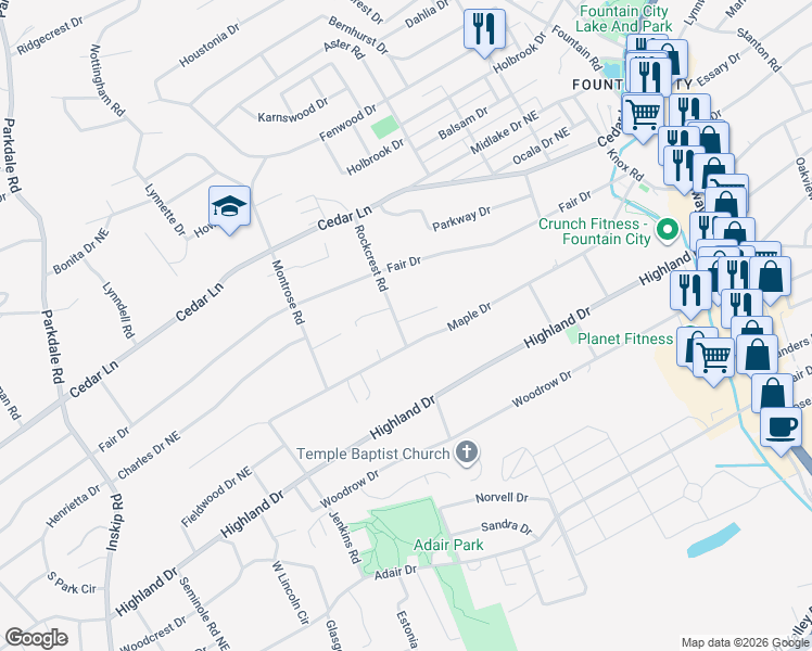 map of restaurants, bars, coffee shops, grocery stores, and more near 5105 Rockcrest Road in Knoxville