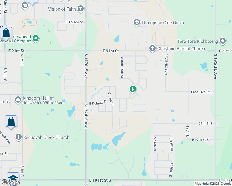 map of restaurants, bars, coffee shops, grocery stores, and more near 2508 South 15th Street in Broken Arrow