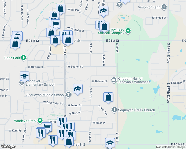 map of restaurants, bars, coffee shops, grocery stores, and more near 2201 South Ash Court in Broken Arrow