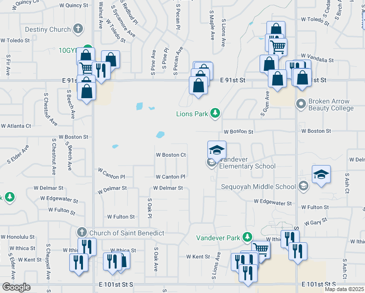 map of restaurants, bars, coffee shops, grocery stores, and more near 1419 West Boston Place in Broken Arrow