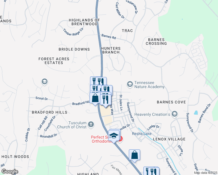 map of restaurants, bars, coffee shops, grocery stores, and more near 7240 Althorp Way in Nashville
