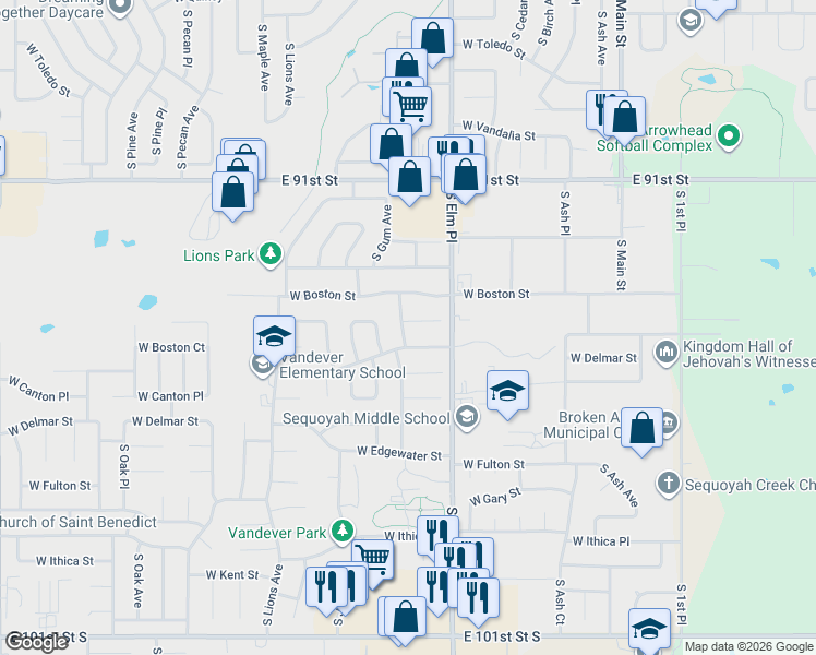 map of restaurants, bars, coffee shops, grocery stores, and more near 718 West Vandever Boulevard in Broken Arrow