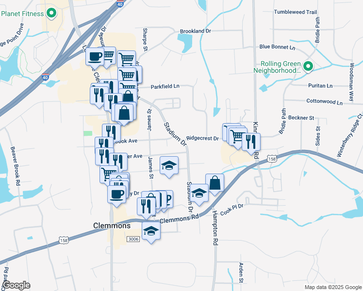 map of restaurants, bars, coffee shops, grocery stores, and more near 6130 Stadium Drive in Clemmons