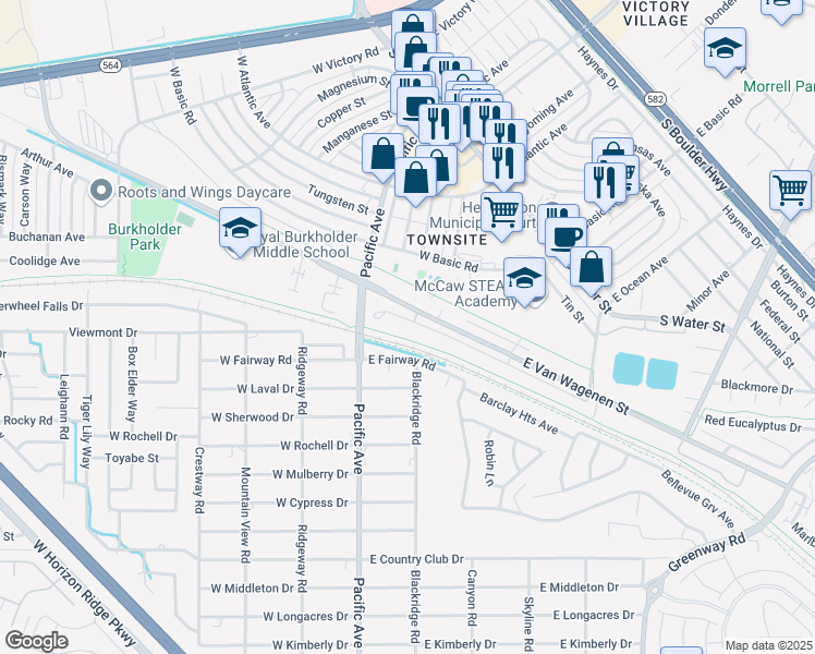 map of restaurants, bars, coffee shops, grocery stores, and more near 155 East Van Wagenen Street in Henderson