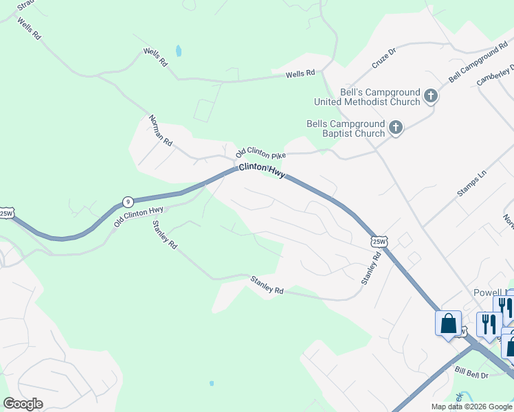 map of restaurants, bars, coffee shops, grocery stores, and more near 7804 Stanley Road in Powell