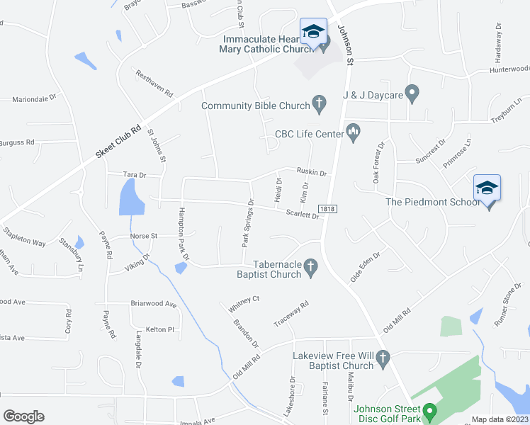 map of restaurants, bars, coffee shops, grocery stores, and more near 1208 Scarlett Drive in High Point