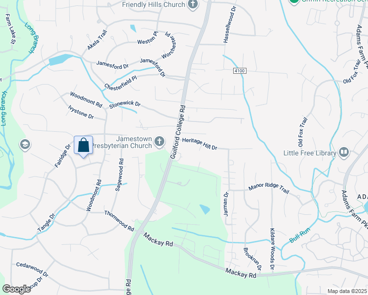 map of restaurants, bars, coffee shops, grocery stores, and more near 1805 Guilford College Road in Jamestown