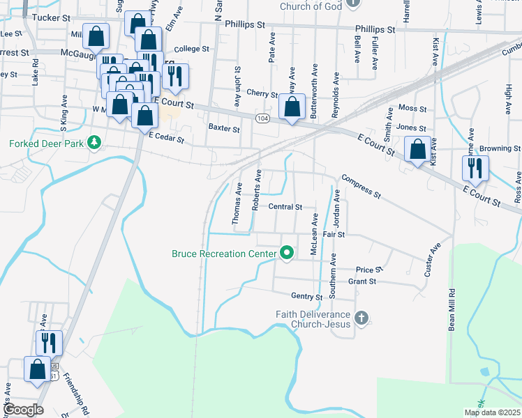 map of restaurants, bars, coffee shops, grocery stores, and more near 608 Roberts Avenue in Dyersburg