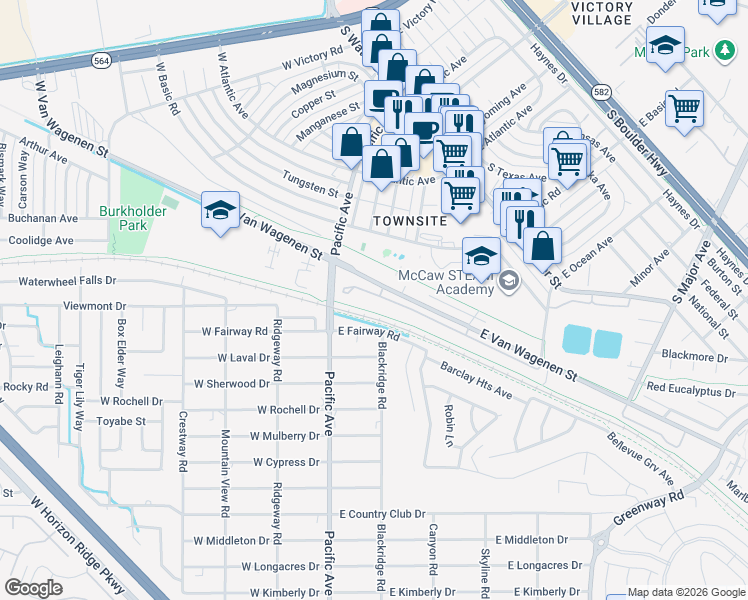 map of restaurants, bars, coffee shops, grocery stores, and more near 155 East Van Wagenen Street in Henderson