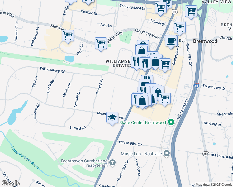 map of restaurants, bars, coffee shops, grocery stores, and more near 310 Robinhood Road in Brentwood
