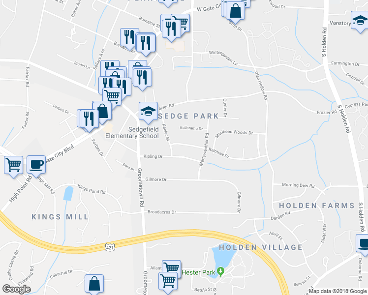 map of restaurants, bars, coffee shops, grocery stores, and more near 3911 Raintree Drive in Greensboro