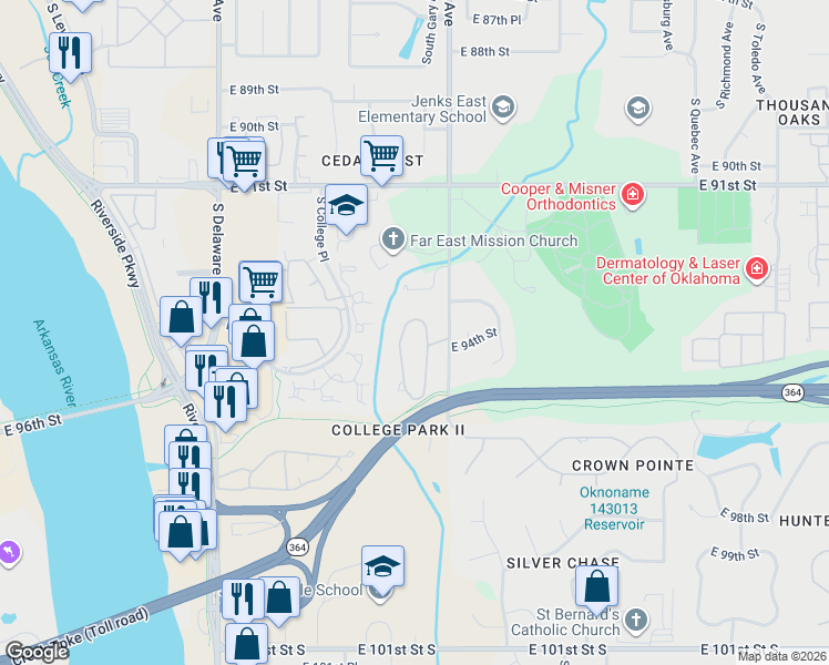 map of restaurants, bars, coffee shops, grocery stores, and more near 9342 South Gary Avenue in Tulsa