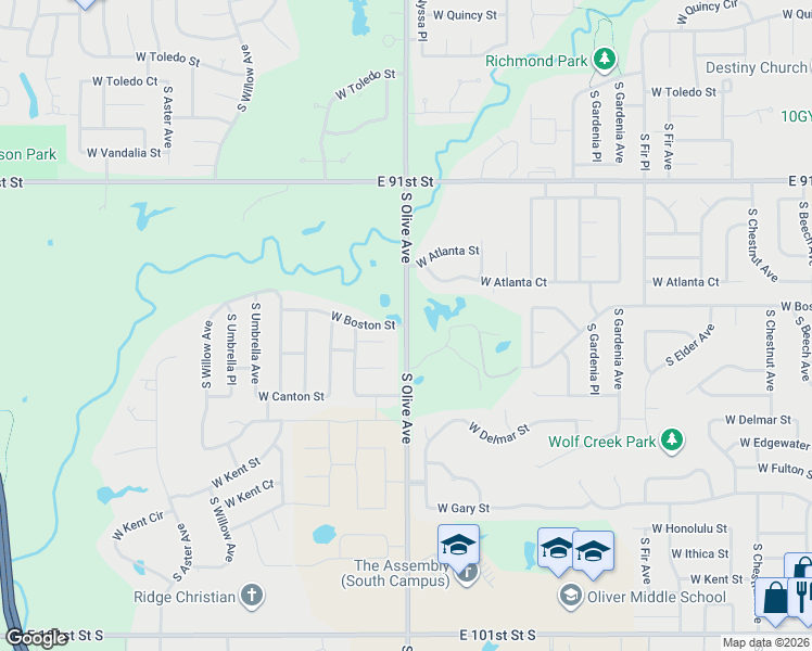 map of restaurants, bars, coffee shops, grocery stores, and more near 9401 South Olive Avenue in Broken Arrow