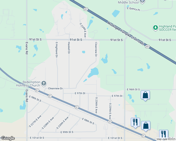 map of restaurants, bars, coffee shops, grocery stores, and more near 9421 Clearview Drive in Broken Arrow