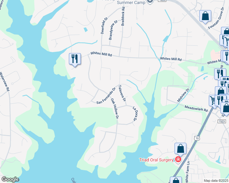 map of restaurants, bars, coffee shops, grocery stores, and more near 2004 San Fernando Drive in High Point
