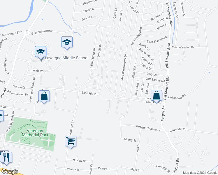 map of restaurants, bars, coffee shops, grocery stores, and more near 6048 Cullen Drive in La Vergne