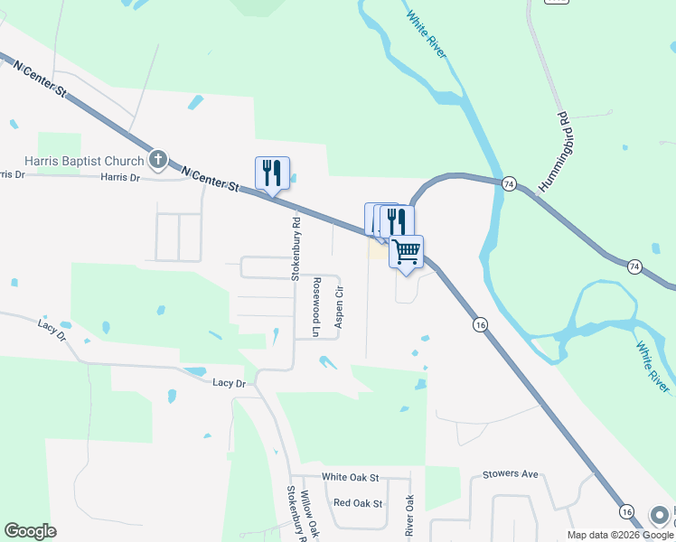 map of restaurants, bars, coffee shops, grocery stores, and more near 1491 Aspen Circle in Elkins
