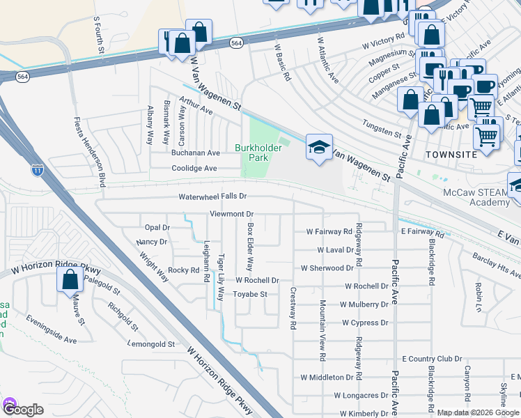 map of restaurants, bars, coffee shops, grocery stores, and more near 400 Cattail Circle in Henderson
