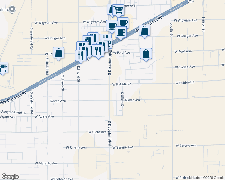 map of restaurants, bars, coffee shops, grocery stores, and more near 8960 South Decatur Boulevard in Las Vegas