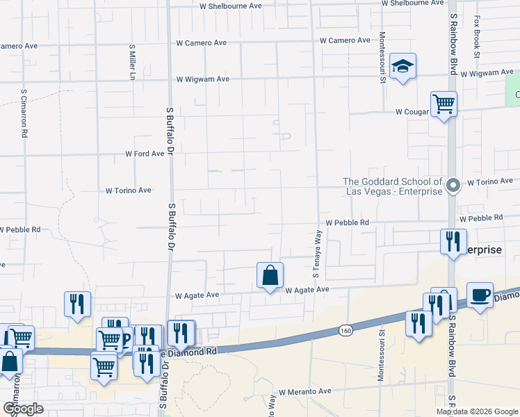 map of restaurants, bars, coffee shops, grocery stores, and more near 7416-7498 West Pebble Road in Las Vegas