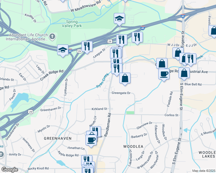 map of restaurants, bars, coffee shops, grocery stores, and more near 2618 Randleman Road in Greensboro