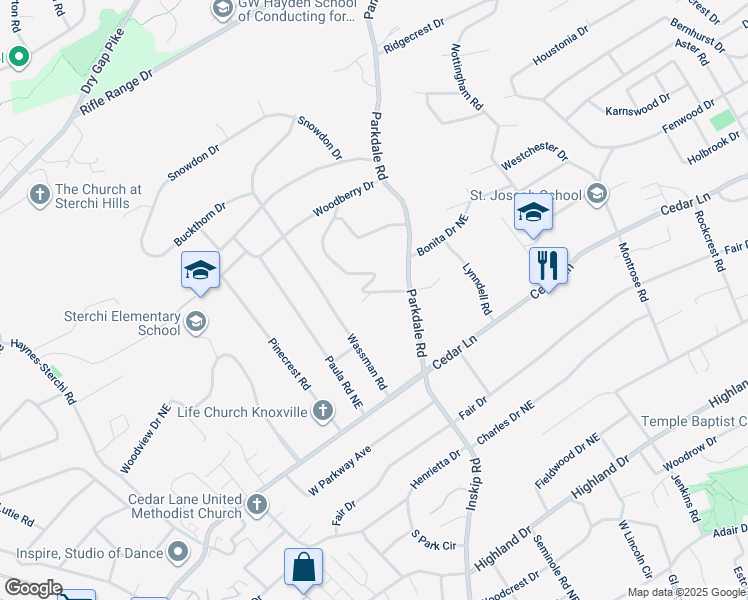 map of restaurants, bars, coffee shops, grocery stores, and more near 5511 South Briscoe Circle in Knoxville
