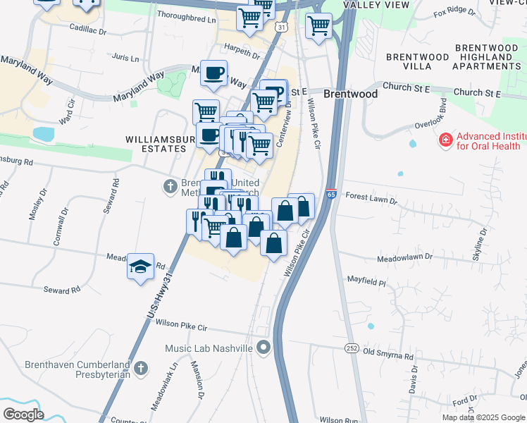 map of restaurants, bars, coffee shops, grocery stores, and more near 400 Centerview Drive in Brentwood