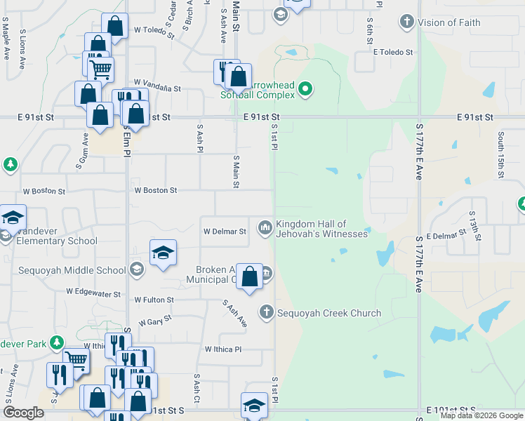 map of restaurants, bars, coffee shops, grocery stores, and more near 204 East Canton Street in Broken Arrow