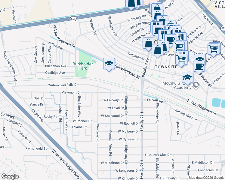 map of restaurants, bars, coffee shops, grocery stores, and more near 260 Waterwheel Falls Drive in Henderson