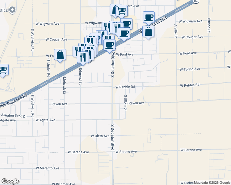 map of restaurants, bars, coffee shops, grocery stores, and more near 8960 South Decatur Boulevard in Las Vegas