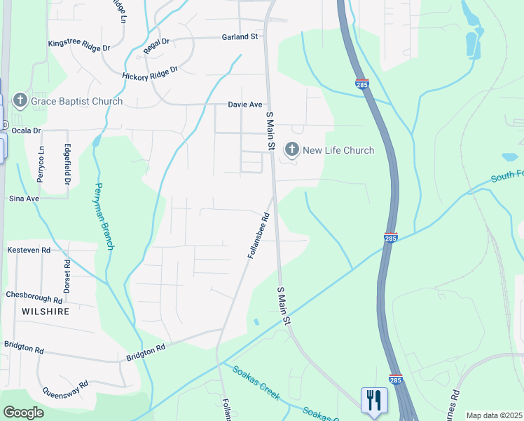 map of restaurants, bars, coffee shops, grocery stores, and more near 4514 Follansbee Road in Winston-Salem