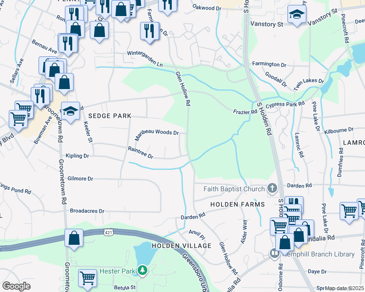 map of restaurants, bars, coffee shops, grocery stores, and more near 2709 Leafmore Drive in Greensboro