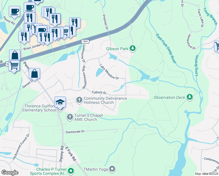 map of restaurants, bars, coffee shops, grocery stores, and more near 4009 Tutbury Drive in Jamestown