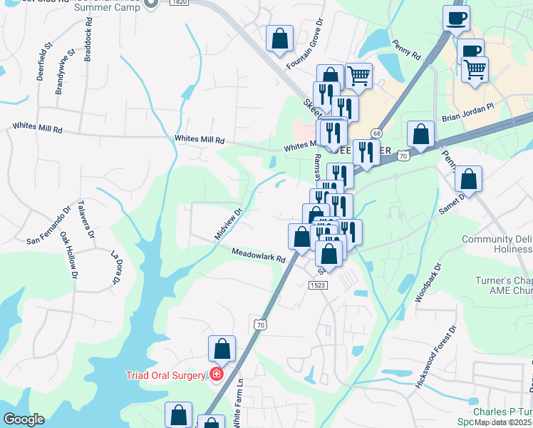 map of restaurants, bars, coffee shops, grocery stores, and more near 3704 Sutton Way in High Point