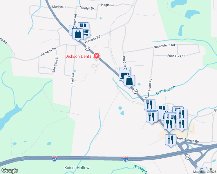 map of restaurants, bars, coffee shops, grocery stores, and more near 412 Kaiser Road in Dickson