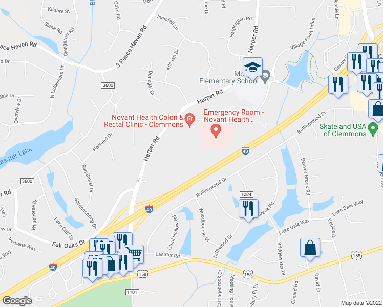 map of restaurants, bars, coffee shops, grocery stores, and more near 7126 Village Medical Circle in Clemmons