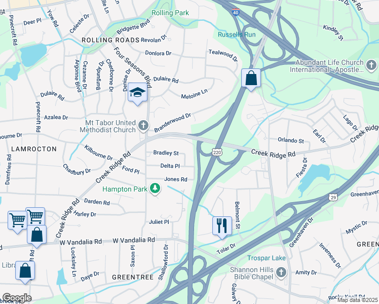 map of restaurants, bars, coffee shops, grocery stores, and more near 3406 Jonah Terrace in Greensboro