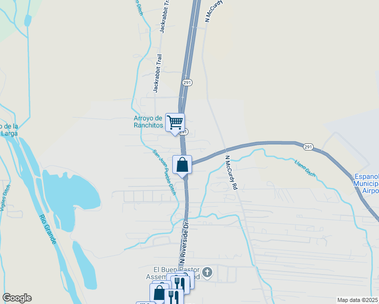 map of restaurants, bars, coffee shops, grocery stores, and more near N Riverside Dr in Espanola