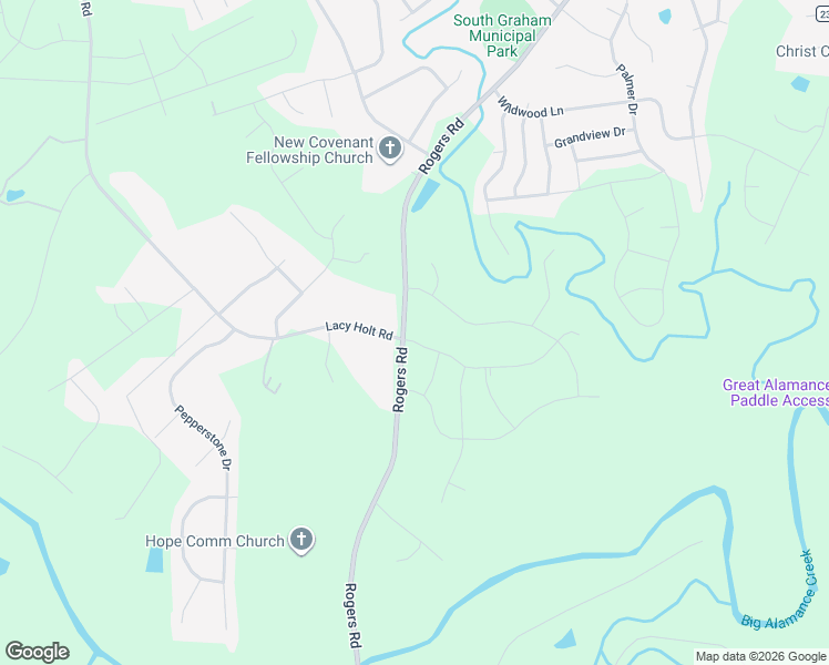 map of restaurants, bars, coffee shops, grocery stores, and more near 2318 Rogers Road in Graham