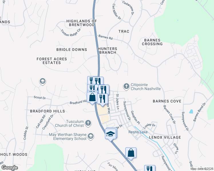 map of restaurants, bars, coffee shops, grocery stores, and more near 7419 Lords Chapel Drive in Nashville