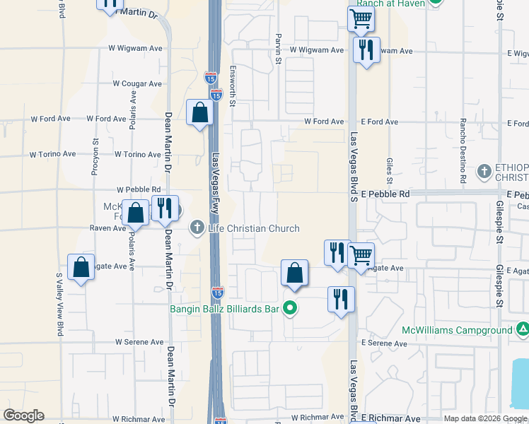 map of restaurants, bars, coffee shops, grocery stores, and more near 2755 West Pebble Road in Las Vegas
