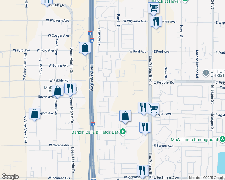 map of restaurants, bars, coffee shops, grocery stores, and more near 2755 West Pebble Road in Las Vegas