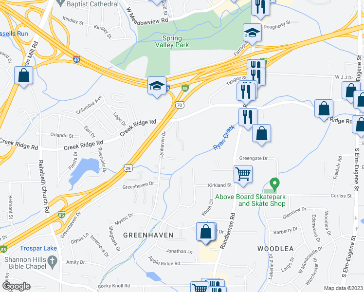 map of restaurants, bars, coffee shops, grocery stores, and more near 3531 Lynhaven Drive in Greensboro