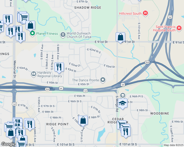 map of restaurants, bars, coffee shops, grocery stores, and more near 9352 South 93rd East Avenue in Tulsa