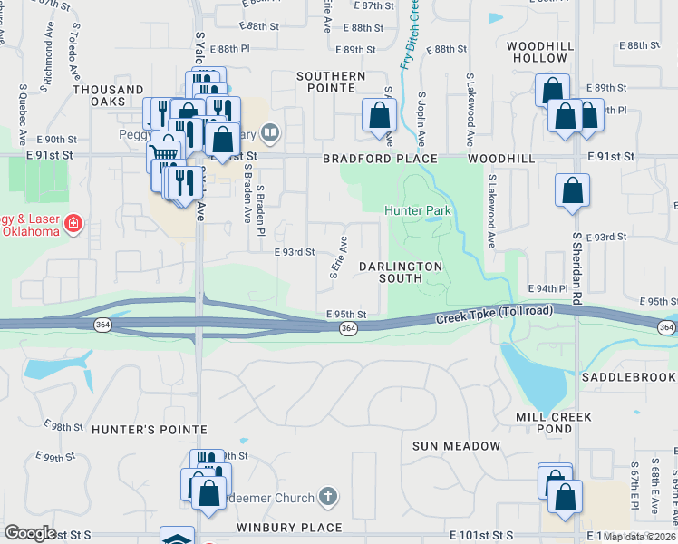 map of restaurants, bars, coffee shops, grocery stores, and more near 9330 South Erie Avenue in Tulsa