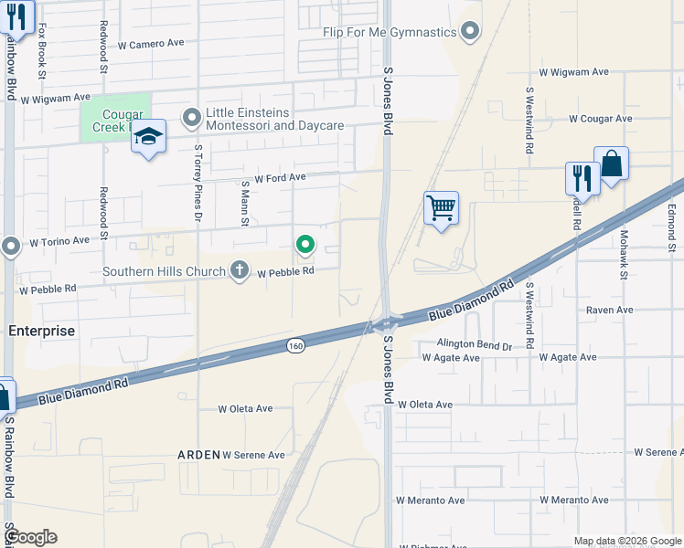 map of restaurants, bars, coffee shops, grocery stores, and more near 8960 South Bronco Street in Las Vegas